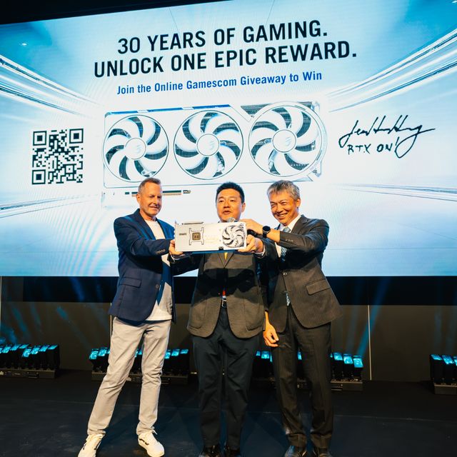 ASUS executives with John Milner, NVIDIA Vice President of Worldwide GeForce Sales, on stage celebrating three decades of ASUS graphics cards.